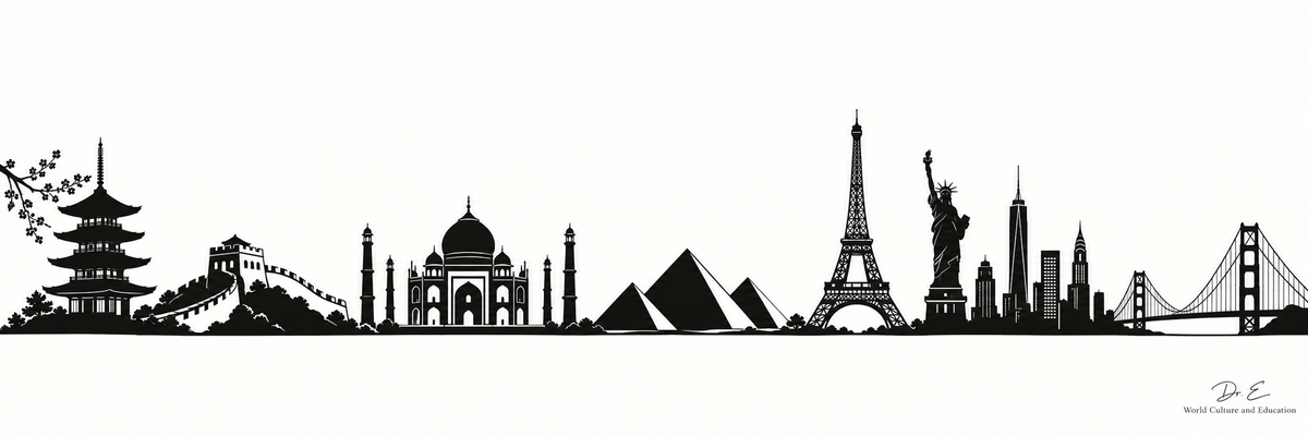 Black-and-white world landmark silhouette panorama with Dr. E World Culture and Education signature.