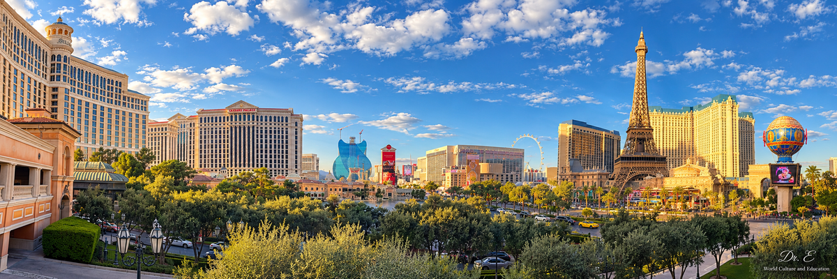 Las Vegas Strip panorama in golden light, signed Dr. E World Culture and Education
