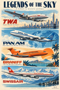 Vintage-style Legends of the Sky poster featuring illustrated TWA, Pan Am, Braniff International and Swissair aircraft, signed Dr. E World Culture and Education.