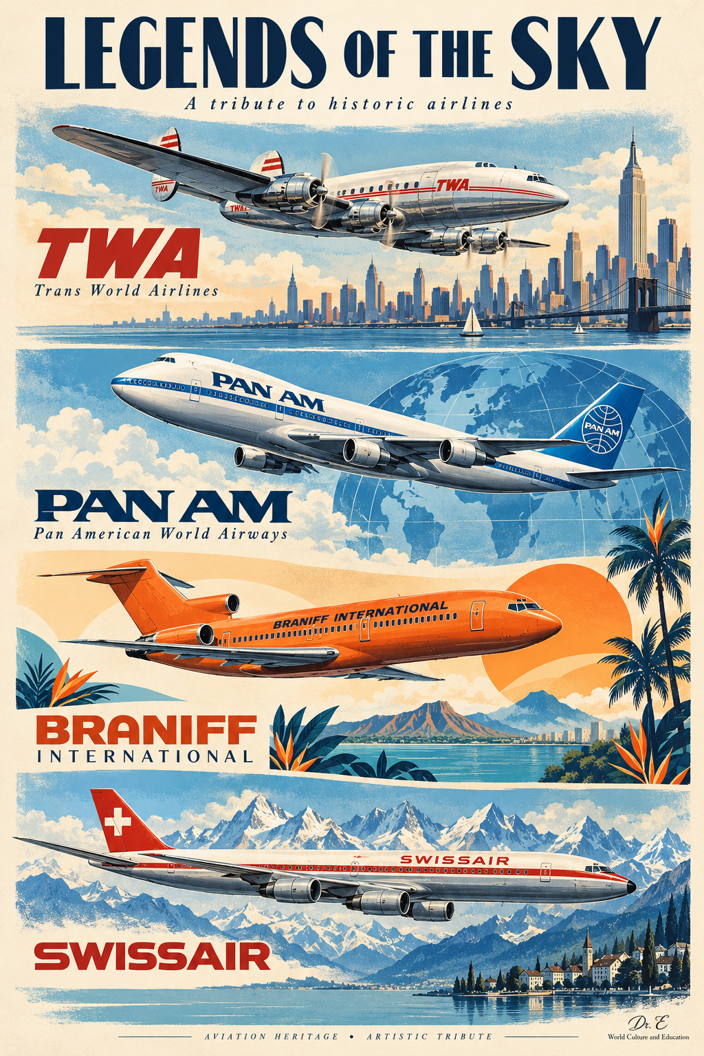 Vintage-style Legends of the Sky poster featuring illustrated TWA, Pan Am, Braniff International and Swissair aircraft, signed Dr. E World Culture and Education.