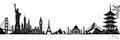 Black-and-white world silhouette panorama with tall American and Japanese landmarks at both ends and a lower center, signed Dr. E World Culture and Education.