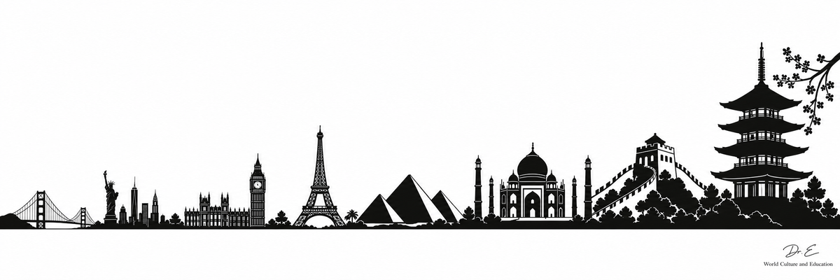 Black-and-white world silhouette panorama rising toward a tall Japanese pagoda on the right, signed Dr. E World Culture and Education.