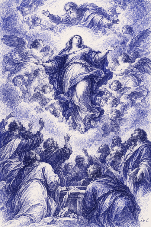 Assumption of the Virgin reinterpreted in blue-violet scribble art, signed Dr. E