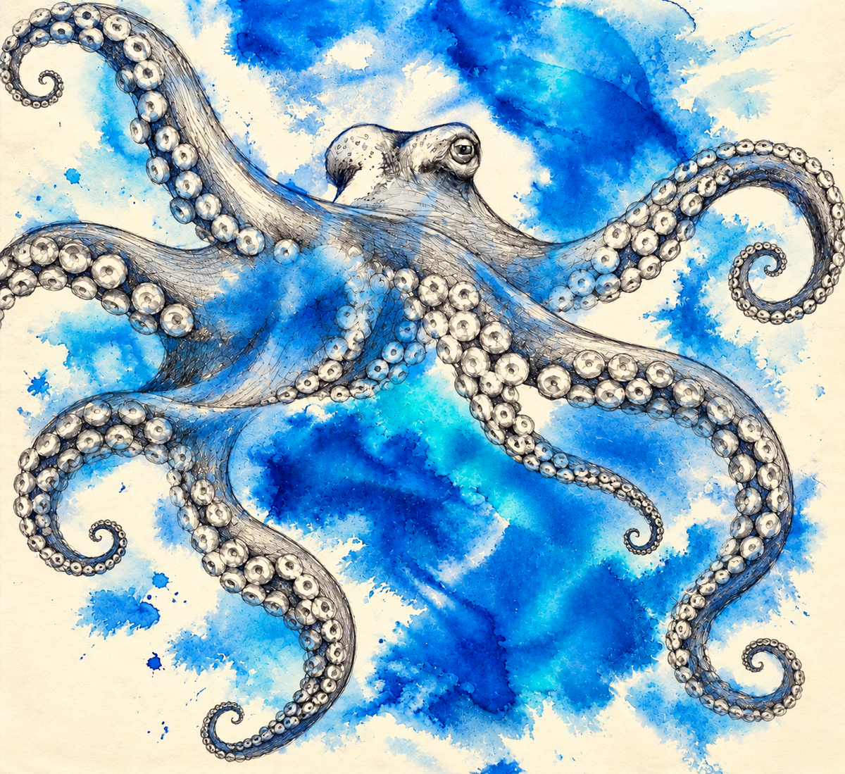 Azure Octopus Dance by Dr. E, flowing tentacles in graphite with blue and turquoise watercolor