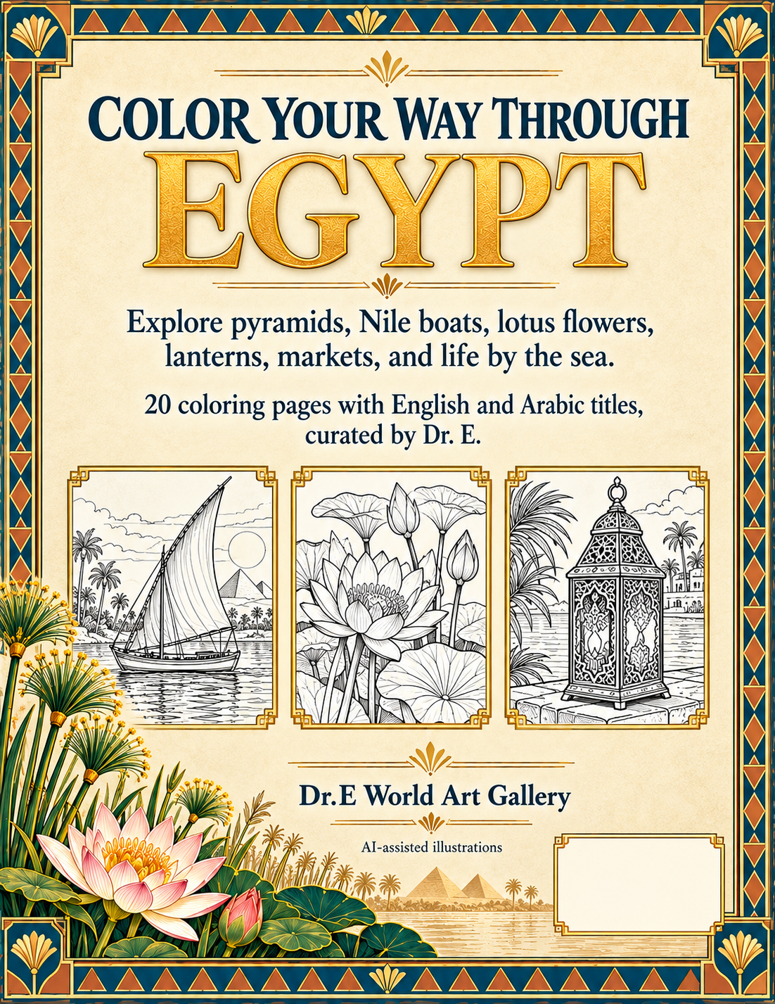 Matching Discover Egypt back cover with book description, sample illustrations, and Dr.E World Art Gallery branding.