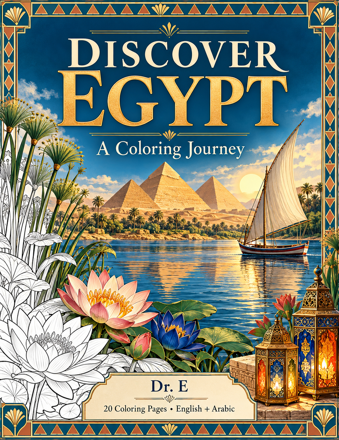 Discover Egypt coloring book front cover in teal and gold, with pyramids, Nile sailing, lotus flowers, and Dr. E.