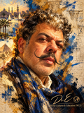 Dr. E cultural portrait with warm dramatic light, blue brushwork, Egyptian heritage imagery and WCE signature
