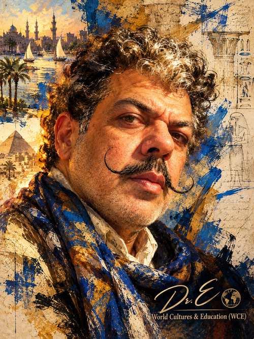 Dr. E cultural portrait with warm dramatic light, blue brushwork, Egyptian heritage imagery and WCE signature