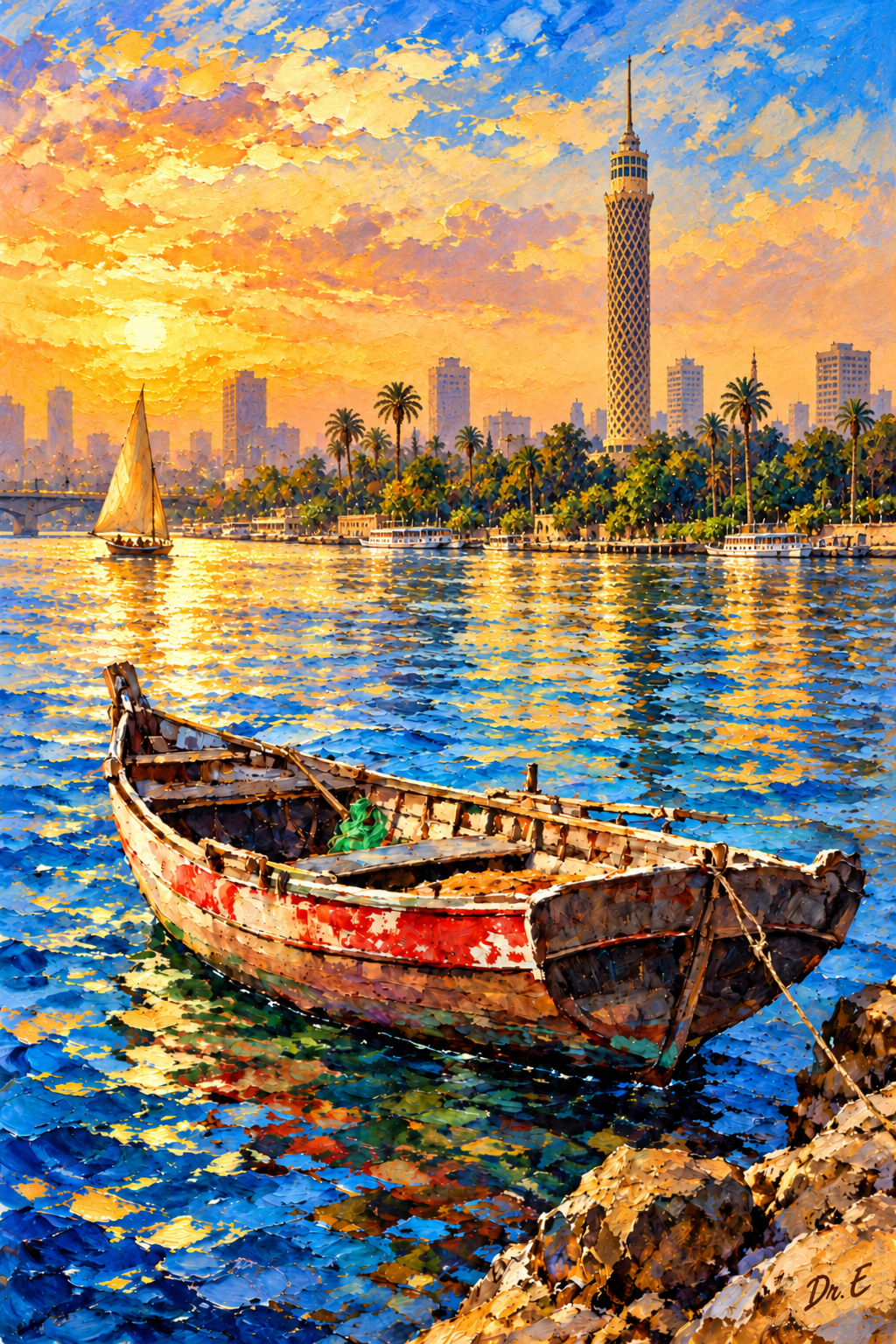 Golden Nile with revised Cairo Tower architecture and Dr. E signature.