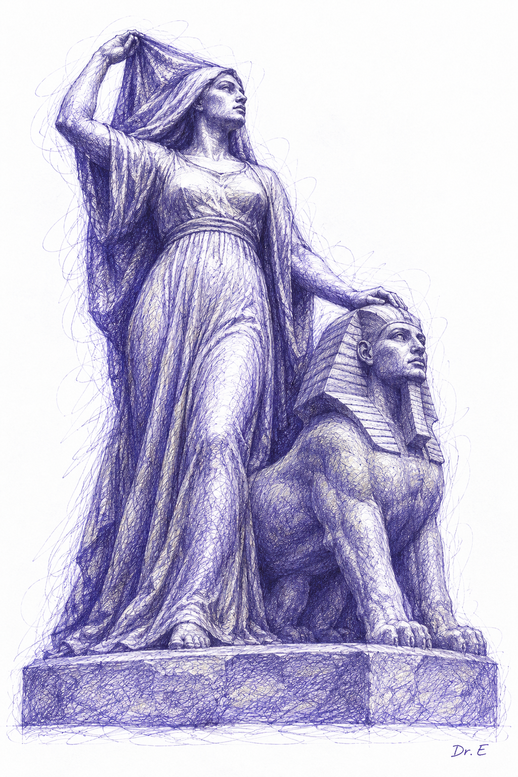 Blue-violet scribble artwork inspired by Mahmoud Mokhtar’s Egypt’s Awakening — Nahdat Misr, signed Dr. E