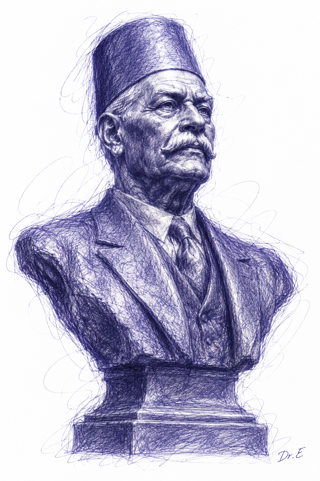 Blue-violet scribble artwork inspired by Mahmoud Mokhtar’s Saad Zaghloul — Portrait Bust, signed Dr. E