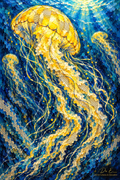Vertical yellow jellyfish mixed-media artwork by Dr. E with newspaper collage, blue ink, flowing tentacles and deep azure water