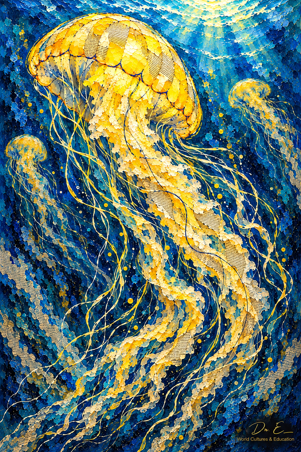 Vertical yellow jellyfish mixed-media artwork by Dr. E with newspaper collage, blue ink, flowing tentacles and deep azure water