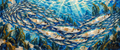 Monterey Sardine Dance by Dr. E: flowing silver sardine school, newspaper collage, blue ink and bold brushwork in azure water