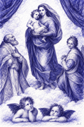 Sistine Madonna reinterpreted in blue-violet scribble art, signed Dr. E