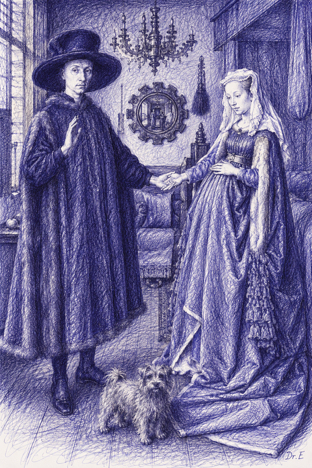 The Arnolfini Portrait reinterpreted in blue-violet scribble art, signed Dr. E