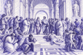 The School of Athens reinterpreted in blue-violet scribble art, signed Dr. E