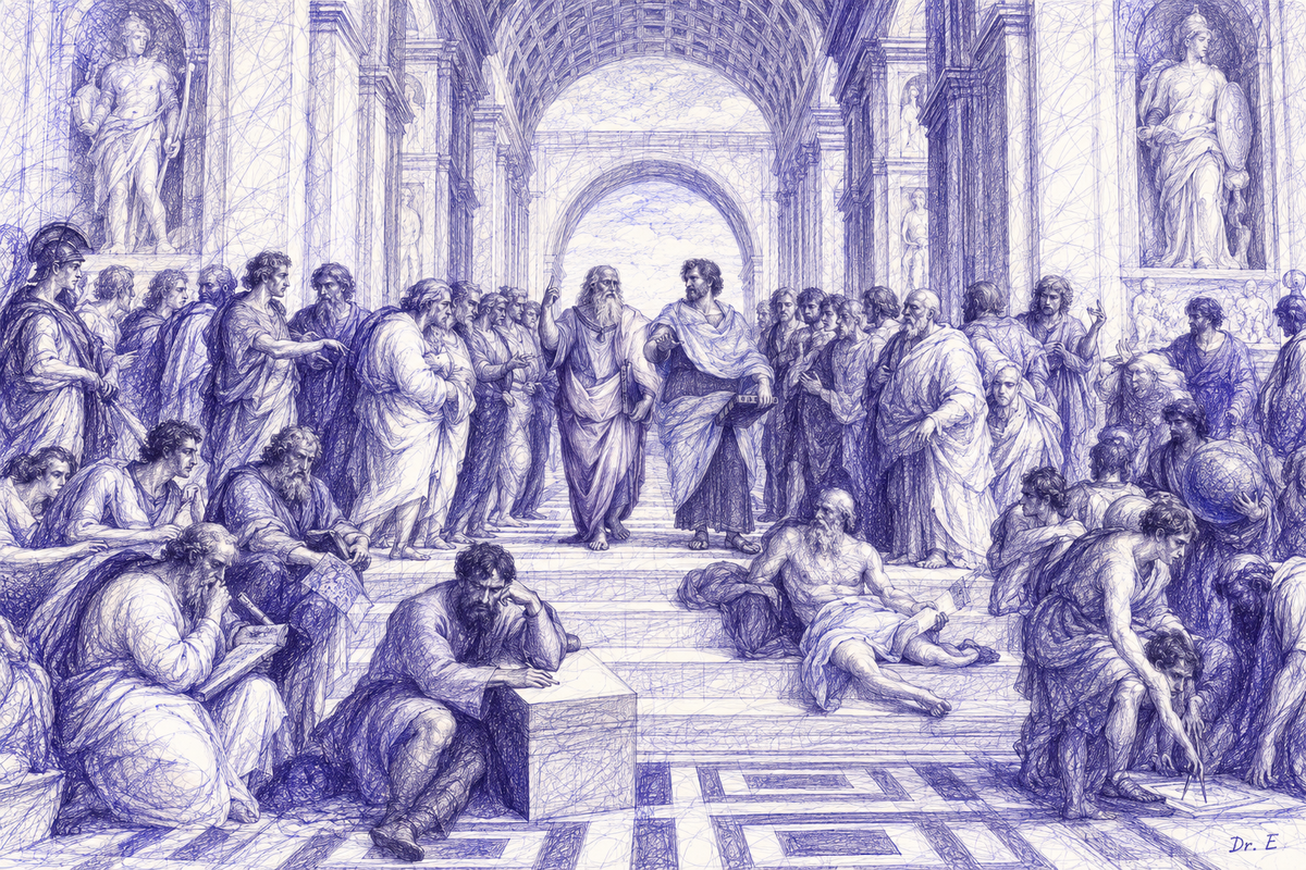 The School of Athens reinterpreted in blue-violet scribble art, signed Dr. E